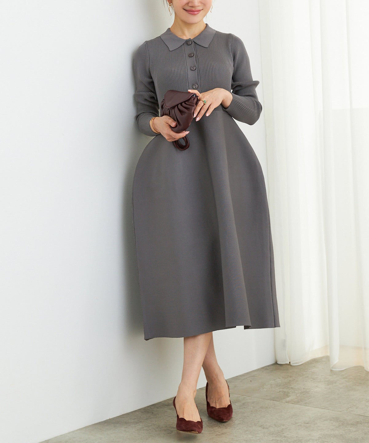 新色追加 手洗い可 ミモレ 大人 上品 長袖 きれいめ オフィス 秋冬 春 かわいい ジョイントスペース 襟付きニットワンピース Liala×PG
