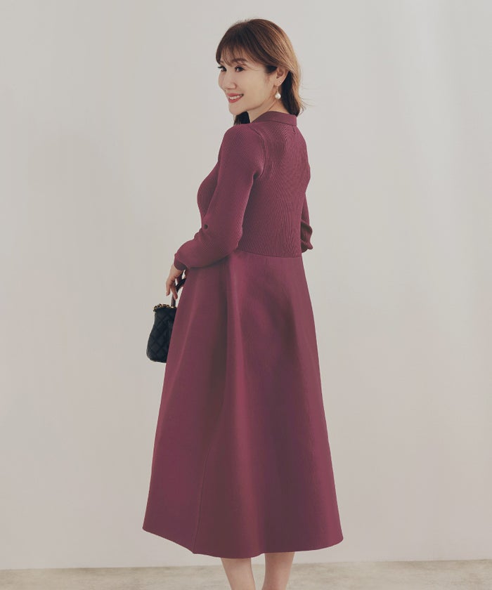 新色追加 手洗い可 ミモレ 大人 上品 長袖 きれいめ オフィス 秋冬 春 かわいい ジョイントスペース 襟付きニットワンピース Liala×PG