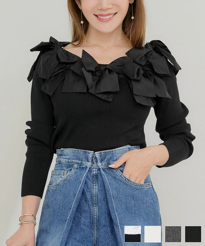 手洗い可 レディース 長袖 秋冬春 長袖 大人可愛い 上品 きれいめ フェミニン ジョイントスペース ワイドネック リボン付き リブニット Liala×PG