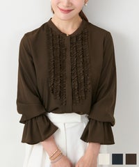 手洗い可 長袖 大人カジュアル オフィス きれいめ 上品 フェニミン 大人可愛い ジョイントスペース バンドカラー フリル フレアスリーブ ブラウス Liala×PG