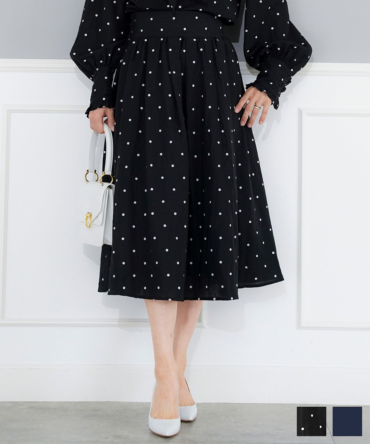 手洗い可 ボトムス レディース ドット 無地 上品 きれいめ オケージョン シンプル エレガント ジョイントスペース ギャザー フレア スカート Joint Space×kozuesakurada