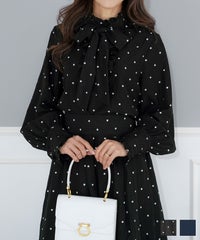 手洗い可 トップス レディース ドット 無地 上品 きれいめ オケージョン シンプル エレガント フリー ジョイントスペース フリルネック リボンタイ ブラウス Joint Space×kozuesakurada