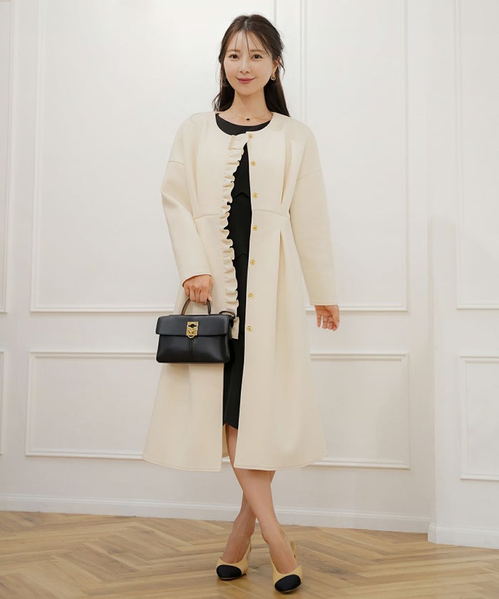 アウター ダンボールニット ロング丈 通勤 結婚式 披露宴 セレモニー 成人式 同窓会 デート 女子会 誕生日会 演奏会 発表会 七五三 20代 30代 パール フリル 長袖 オケージョン アイボリー ネイビー