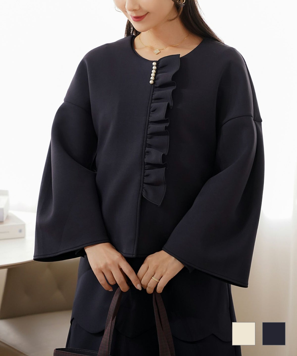 アウター ダンボールニット ミドル丈  パール フリル ジョイントスペース フリル ダンボールニット ミドル コート le reve vaniller