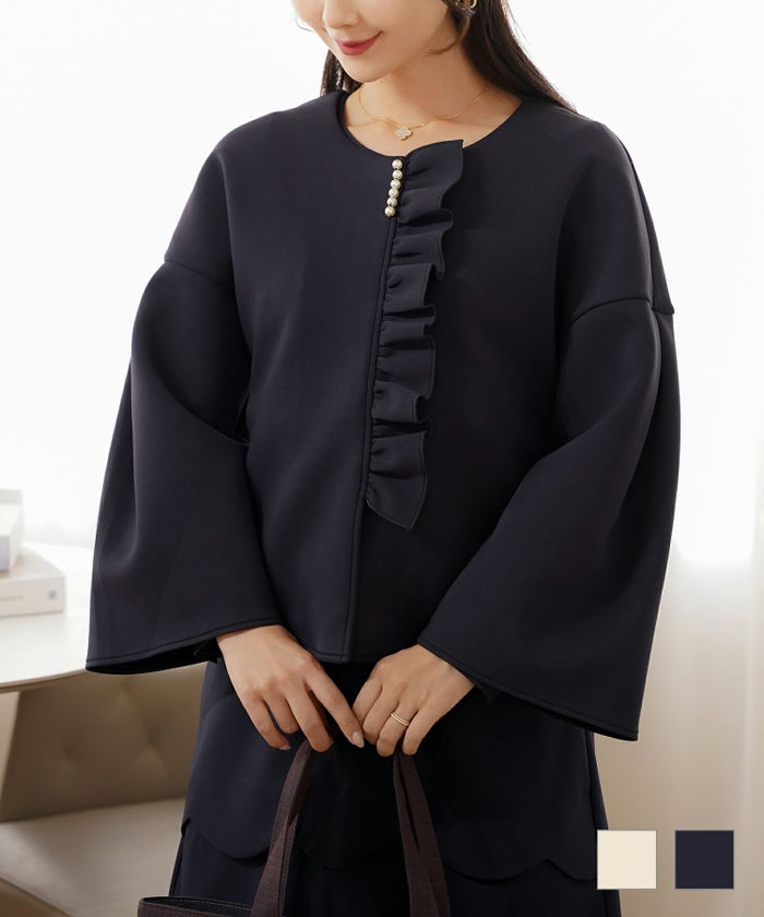 アウター ダンボールニット ミドル丈  パール フリル ジョイントスペース フリル ダンボールニット ミドル コート le reve vaniller