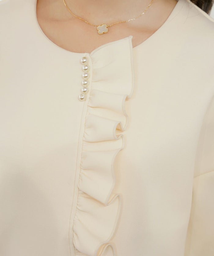 アウター ダンボールニット ミドル丈 ショート丈 通勤 結婚式 披露宴 セレモニー 成人式 同窓会 デート 女子会 誕生日会 演奏会 発表会 七五三 20代 30代 パール フリル 長袖 オケージョン アイボリー ネイビー