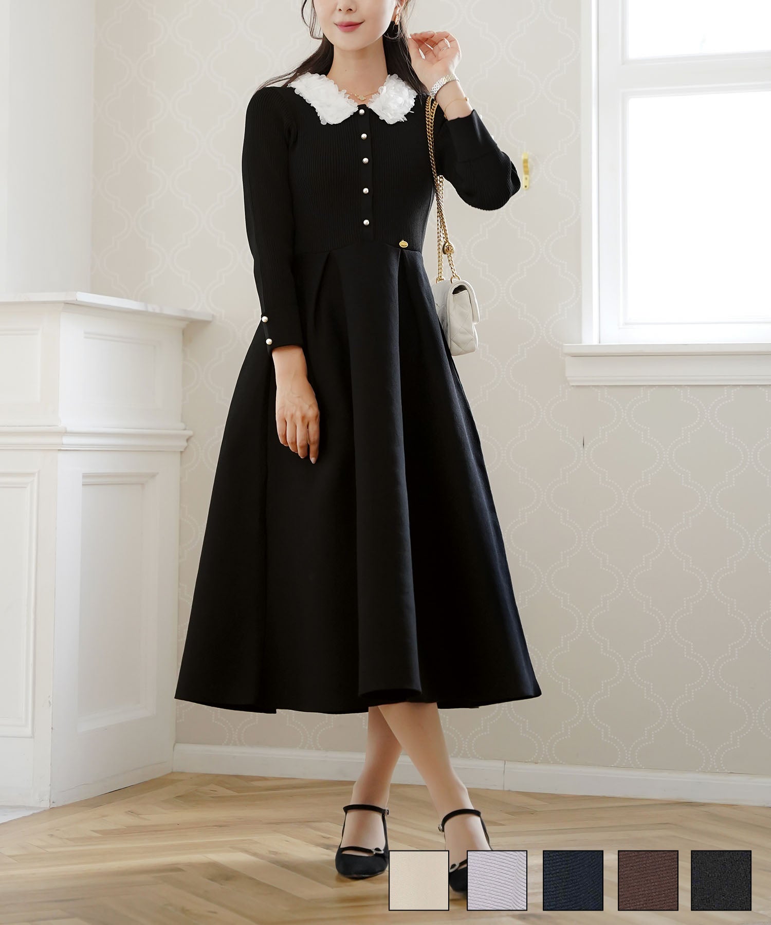 フラワー 襟付き ニット ワンピース le reve vaniller 全5色｜lvn341