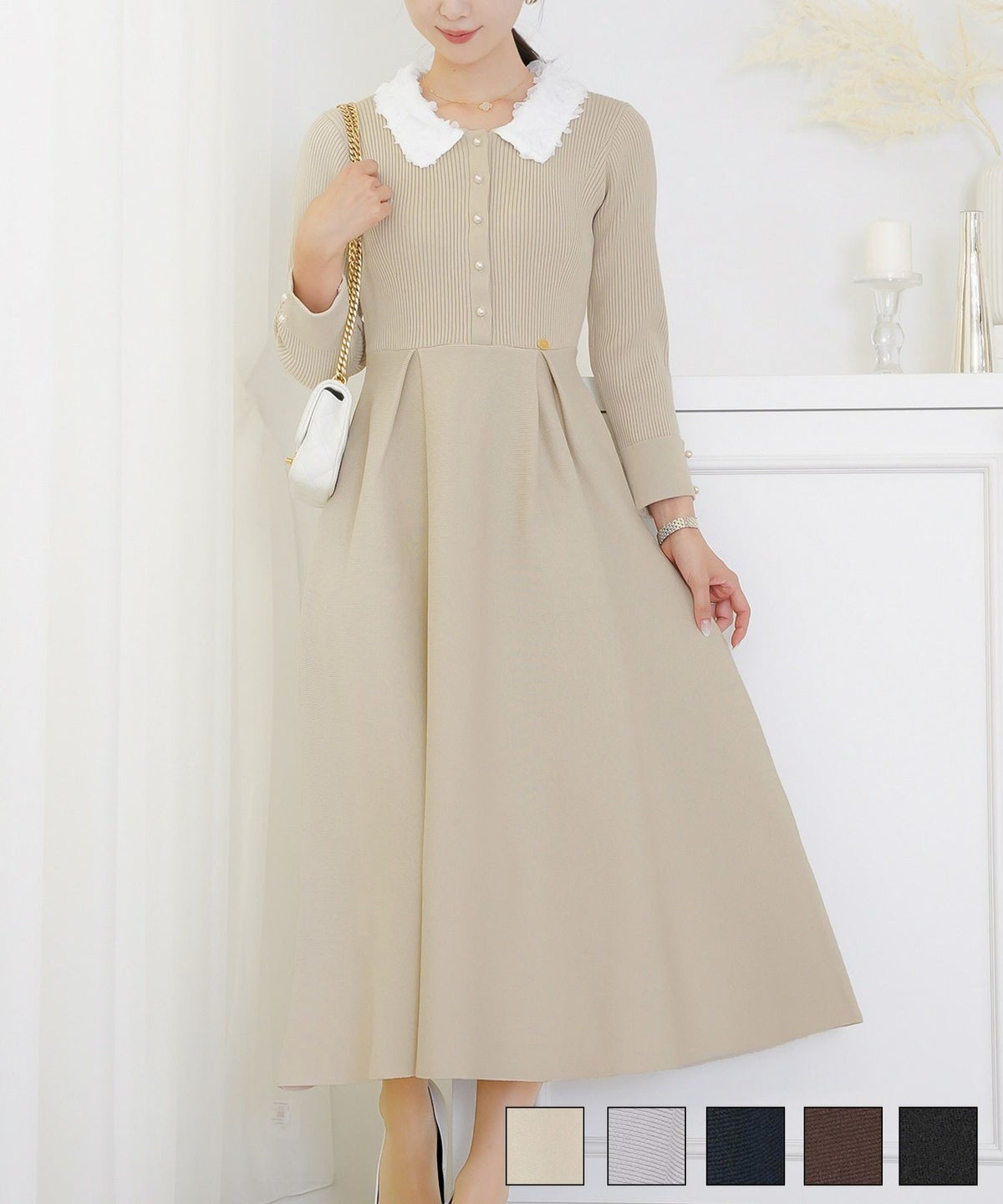 ワンピース 襟 花 長袖 きれいめ エレガント フェミニン 上品 ブルーグレー ブラウン ネイビー ブラック