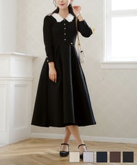 ワンピース 襟 花 長袖 きれいめ エレガント フェミニン 上品 ジョイントスペース フラワー 襟付き ニット ワンピース le reve vaniller