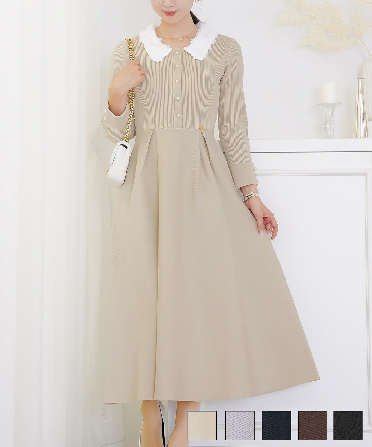 ワンピース 襟 花 長袖 きれいめ エレガント フェミニン 上品 ジョイントスペース フラワー 襟付き ニット ワンピース le reve vaniller