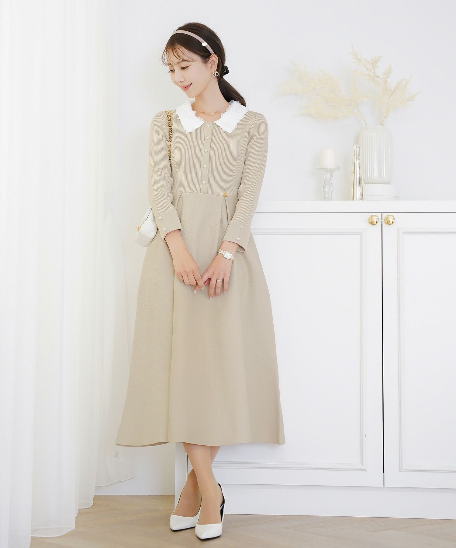 フラワー 襟付き ニット ワンピース le reve vaniller 全5色｜lvn341