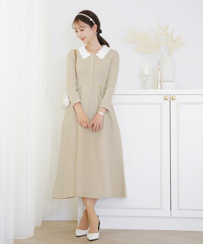 ワンピース 襟 花 長袖 きれいめ エレガント フェミニン 上品 ブルーグレー ブラウン ネイビー ブラック エクリュ 新色 フレア ニット 産前産後 オケージョン