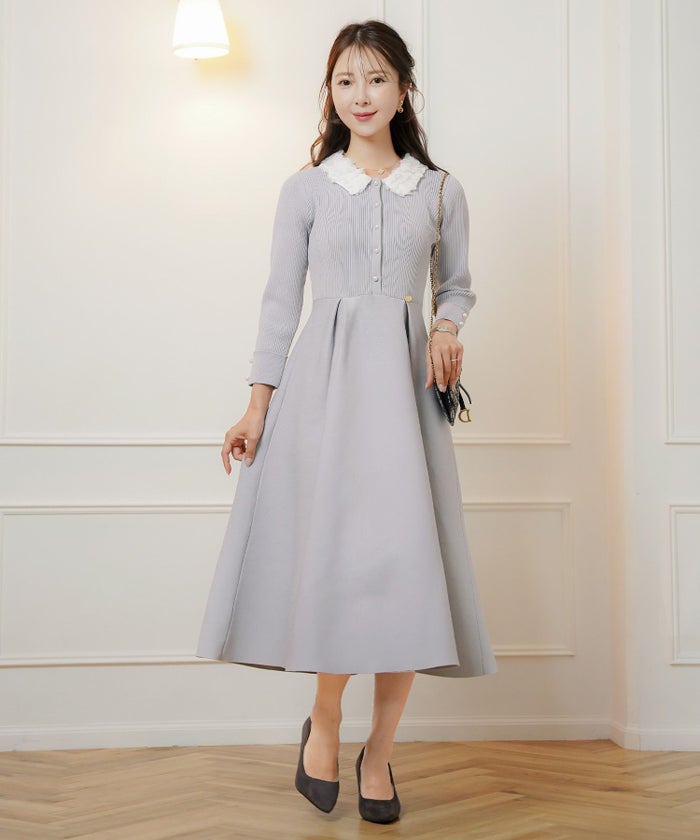 ワンピース 襟 花 長袖 きれいめ エレガント フェミニン 上品 ブルーグレー ブラウン ネイビー ブラック エクリュ 新色 フレア ニット 産前産後 オケージョン