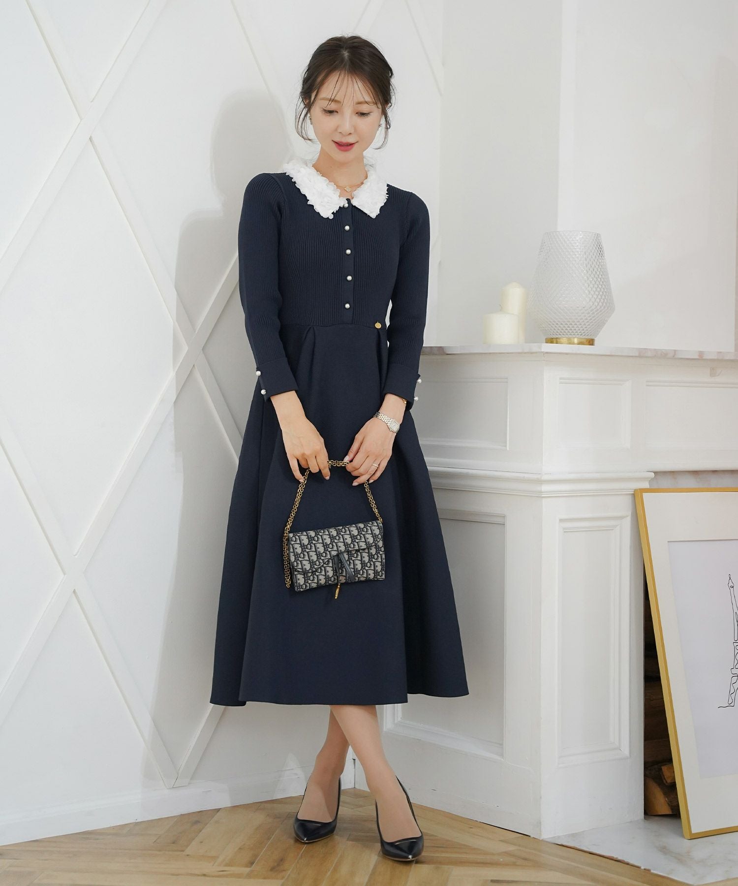 フラワー 襟付き ニット ワンピース le reve vaniller 全5色｜lvn341