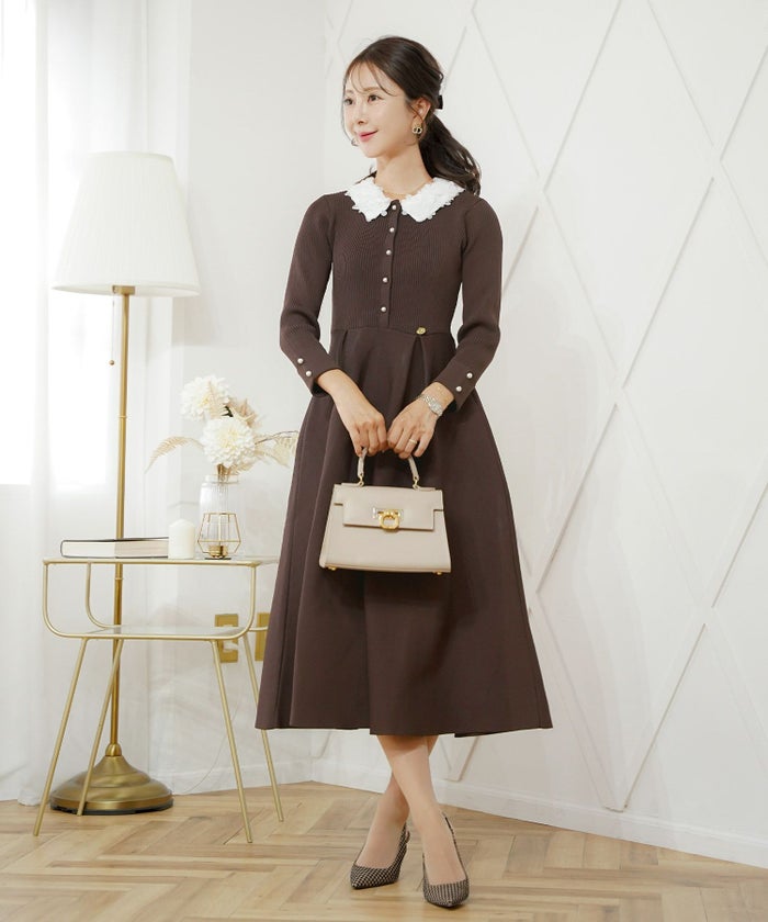 ワンピース 襟 花 長袖 きれいめ エレガント フェミニン 上品 ブルーグレー ブラウン ネイビー ブラック エクリュ 新色 フレア ニット 産前産後 オケージョン