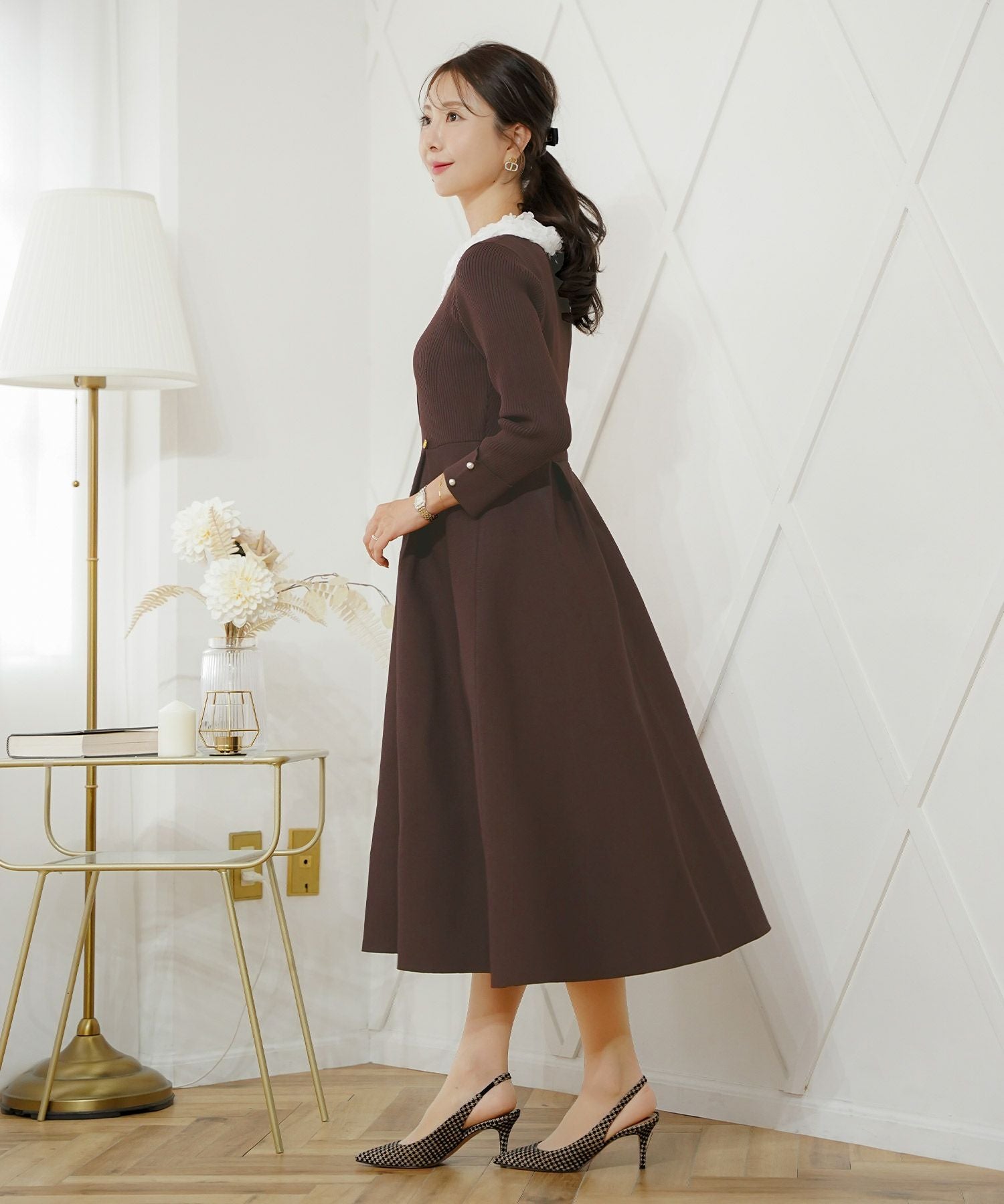 フラワー 襟付き ニット ワンピース le reve vaniller 全5色｜lvn341