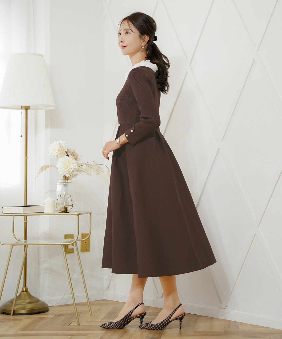 ワンピース 襟 花 長袖 きれいめ エレガント フェミニン 上品 ブルーグレー ブラウン ネイビー ブラック エクリュ 新色 フレア ニット 産前産後 オケージョン