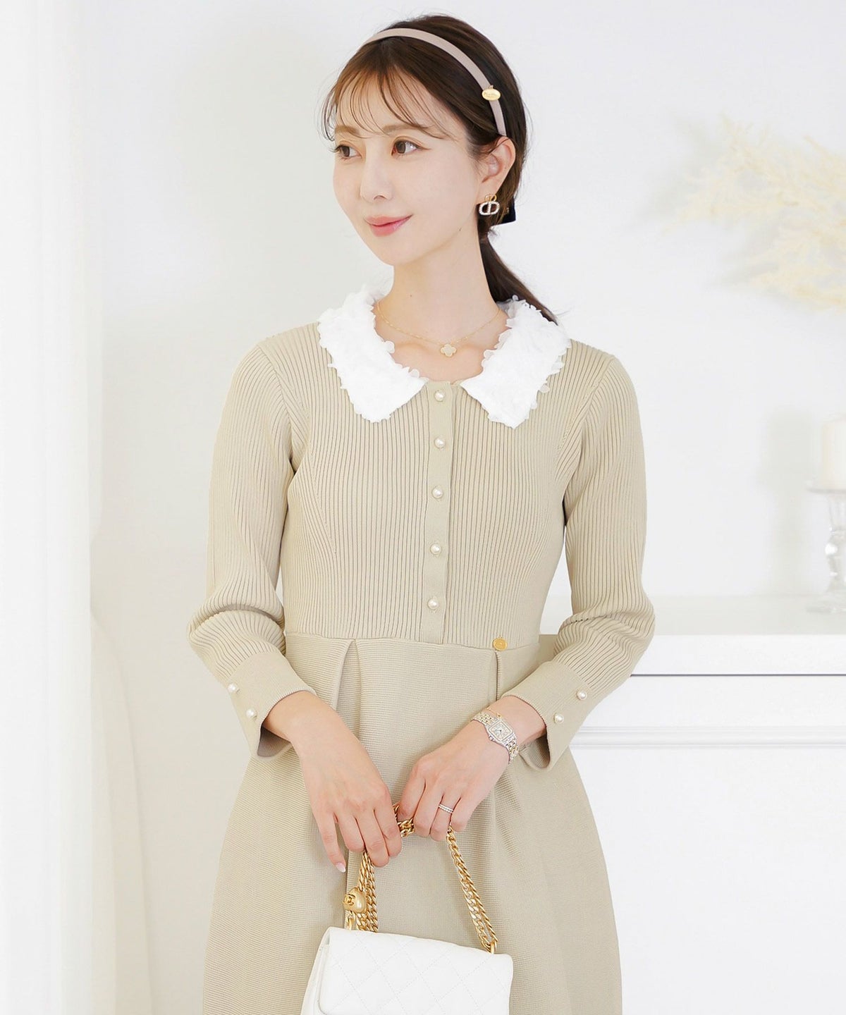 ワンピース 襟 花 長袖 きれいめ エレガント フェミニン 上品 ブルーグレー ブラウン ネイビー ブラック エクリュ 新色 フレア ニット 産前産後 オケージョン