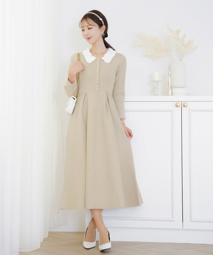 ワンピース 襟 花 長袖 きれいめ エレガント フェミニン 上品 ブルーグレー ブラウン ネイビー ブラック エクリュ 新色 フレア ニット 産前産後 オケージョン