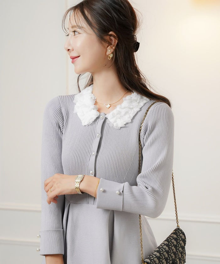 ワンピース 襟 花 長袖 きれいめ エレガント フェミニン 上品 ブルーグレー ブラウン ネイビー ブラック エクリュ 新色 フレア ニット 産前産後 オケージョン