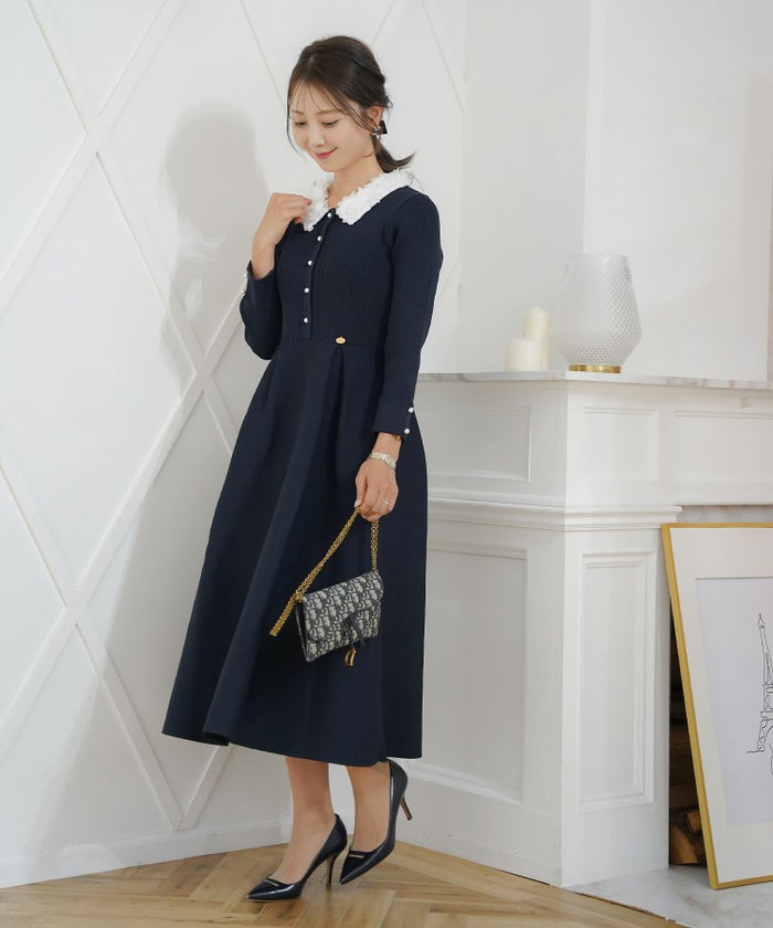 ワンピース 襟 花 長袖 きれいめ エレガント フェミニン 上品 ブルーグレー ブラウン ネイビー ブラック エクリュ 新色 フレア ニット 産前産後 オケージョン
