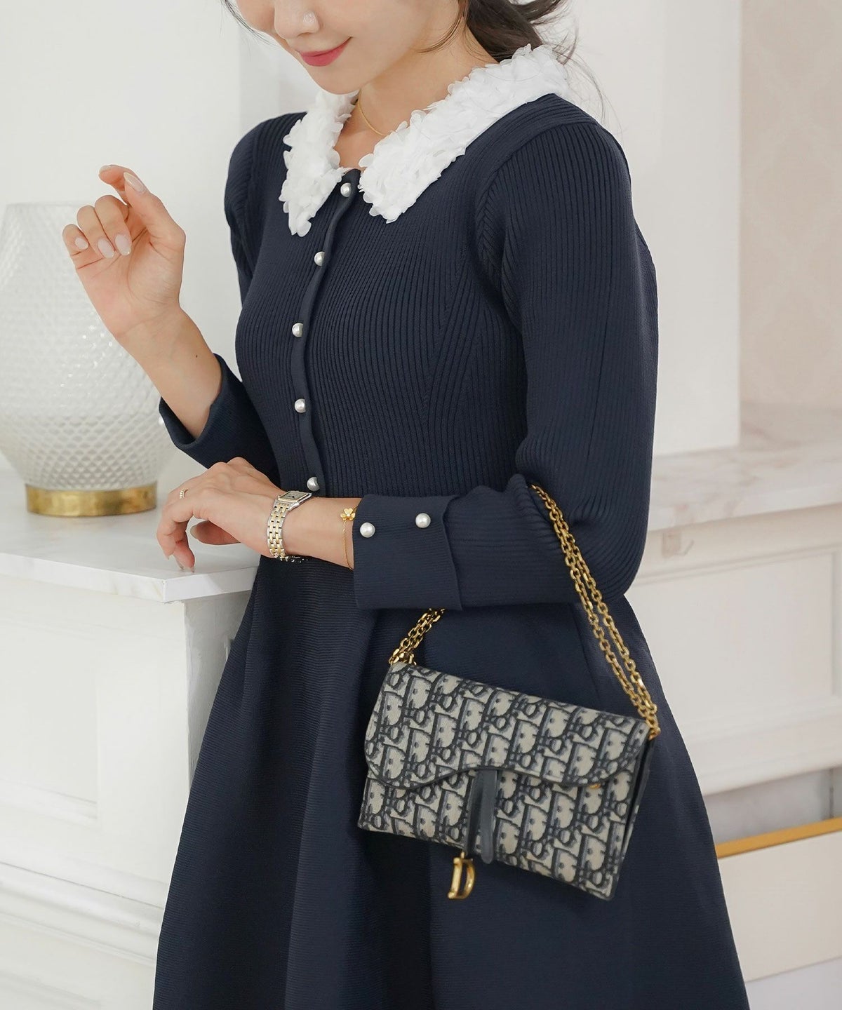 ワンピース 襟 花 長袖 きれいめ エレガント フェミニン 上品 ブルーグレー ブラウン ネイビー ブラック エクリュ 新色 フレア ニット 産前産後 オケージョン