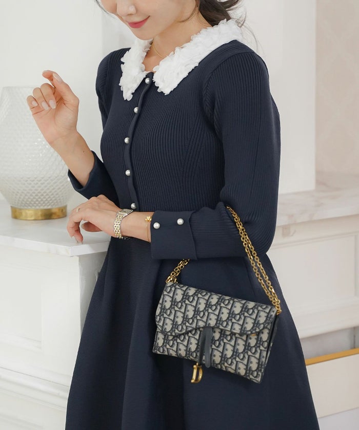 ワンピース 襟 花 長袖 きれいめ エレガント フェミニン 上品 ブルーグレー ブラウン ネイビー ブラック エクリュ 新色 フレア ニット 産前産後 オケージョン