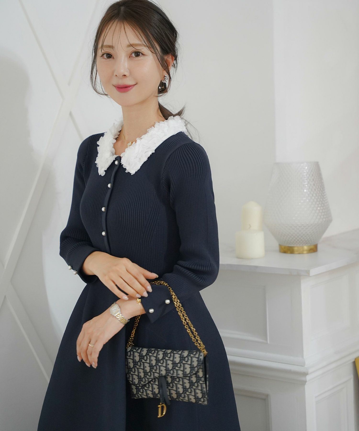 フラワー 襟付き ニット ワンピース le reve vaniller 全5色｜lvn341