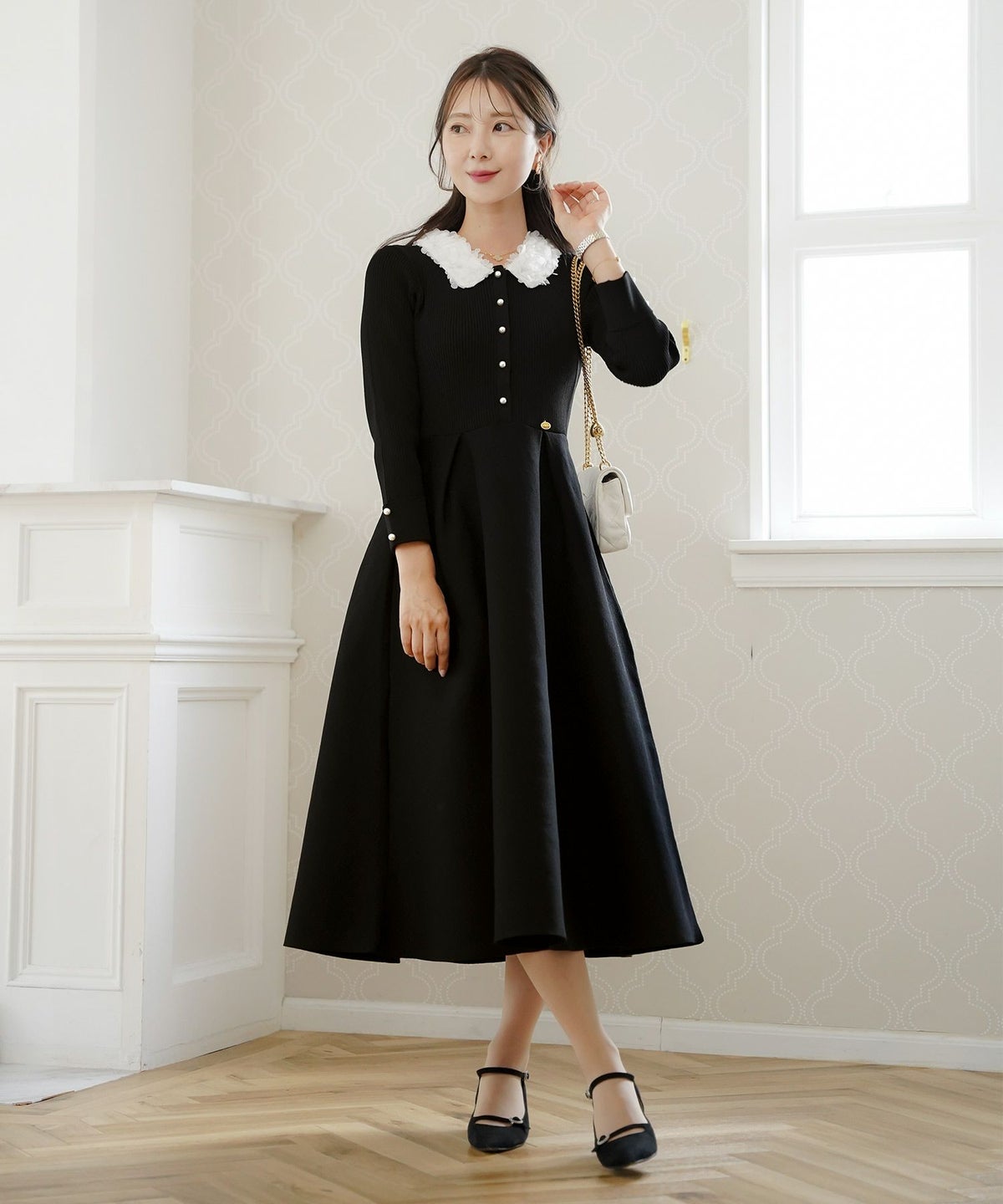 ワンピース 襟 花 長袖 きれいめ エレガント フェミニン 上品 ブルーグレー ブラウン ネイビー ブラック エクリュ 新色 フレア ニット 産前産後 オケージョン