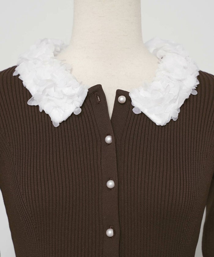 ワンピース 襟 花 長袖 きれいめ エレガント フェミニン 上品 ブルーグレー ブラウン ネイビー ブラック エクリュ 新色 フレア ニット 産前産後 オケージョン