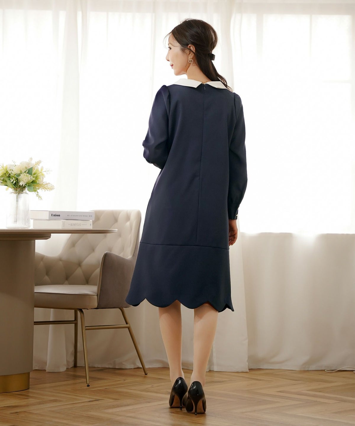 入園式 入学式 卒園式 卒業式 七五三 セレモニー フォーマル ドレス 襟付き スカラップ ティアード きれいめ レディース 大人可愛い 上品 クラシカル 清楚 華やか 長袖 春 秋 冬 低身長 高身長 サイズ展開 ママコーデ 親子行事