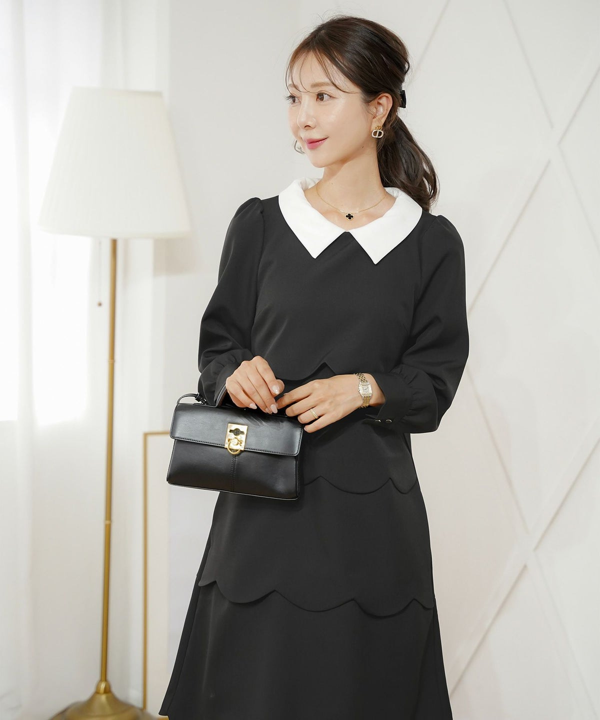 入園式 入学式 卒園式 卒業式 七五三 セレモニー フォーマル ドレス 襟付き スカラップ ティアード きれいめ レディース 大人可愛い 上品 クラシカル 清楚 華やか 長袖 春 秋 冬 低身長 高身長 サイズ展開 ママコーデ 親子行事