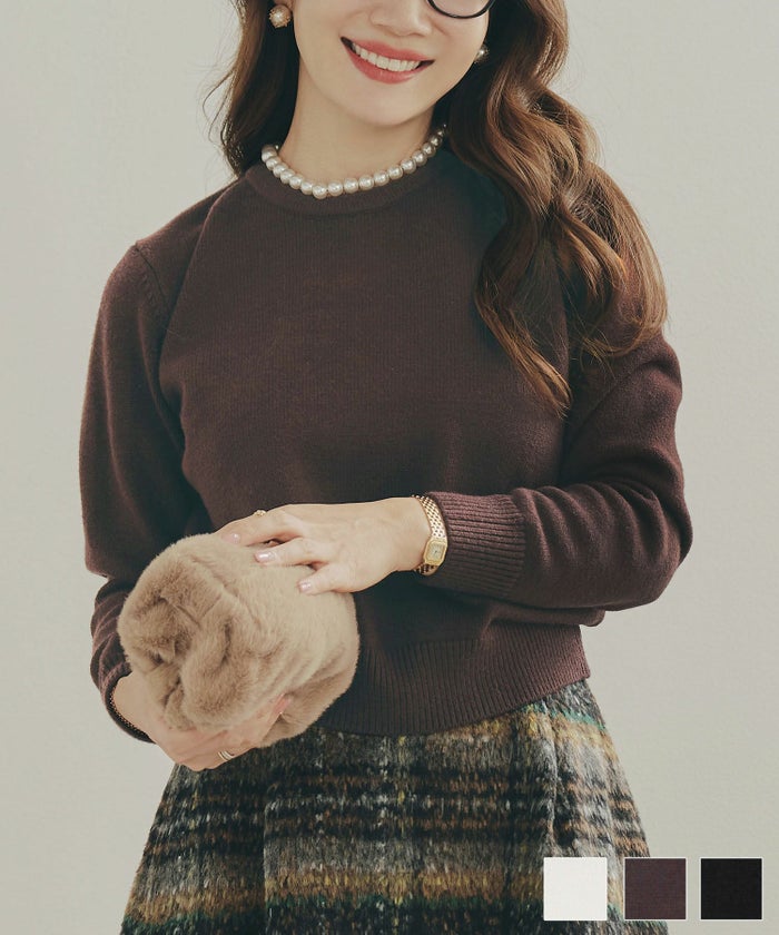 手洗い可 レディース 長袖 秋冬春 大人可愛い 上品 きれいめ オフィス 大人カジュアル フェミニン ジョイントスペース パール トリミング ニット プルオーバー Liala×PG