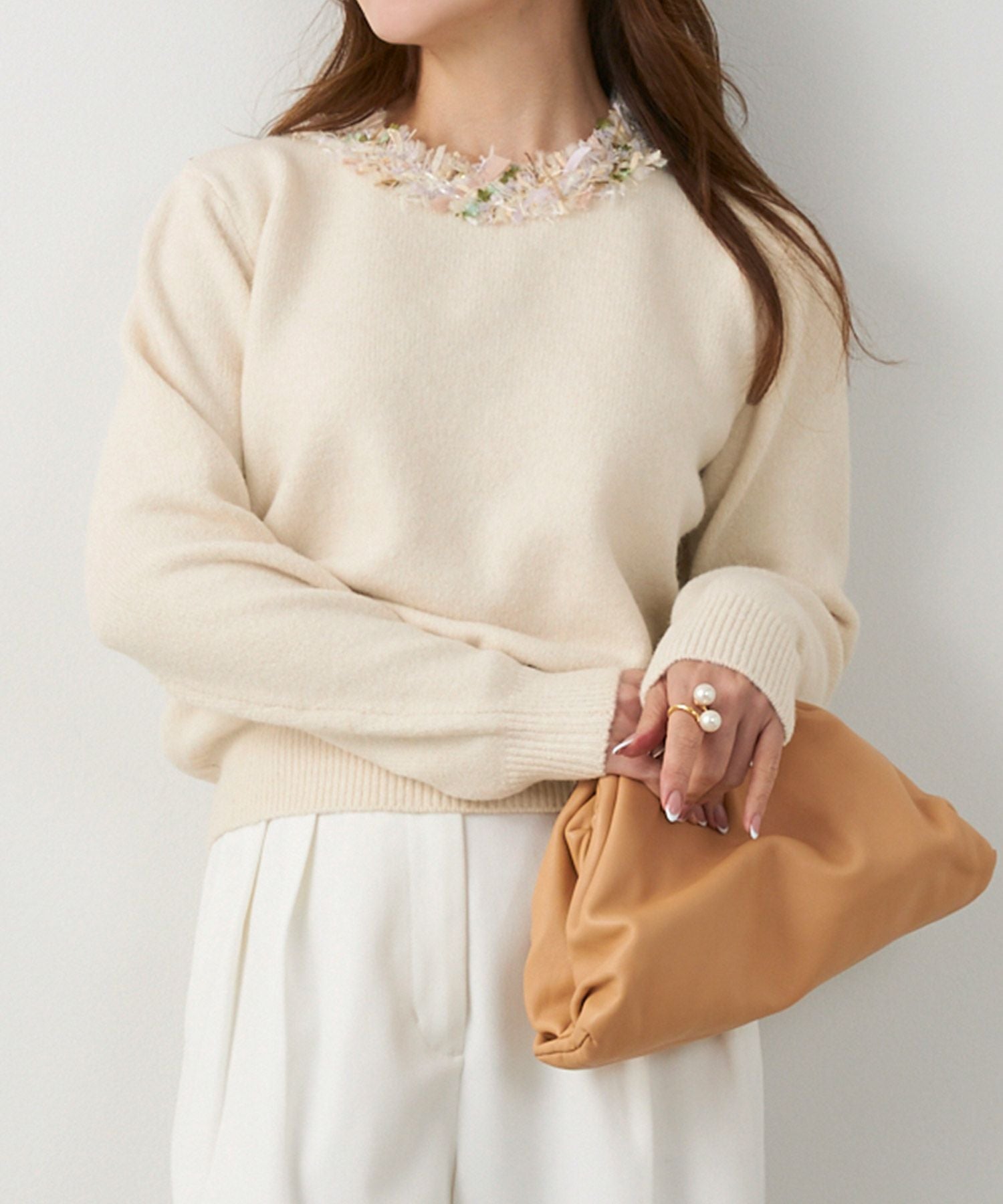 SPRING-SALE ツイード フリンジ ニット プルオーバー Liala×PG 全3色