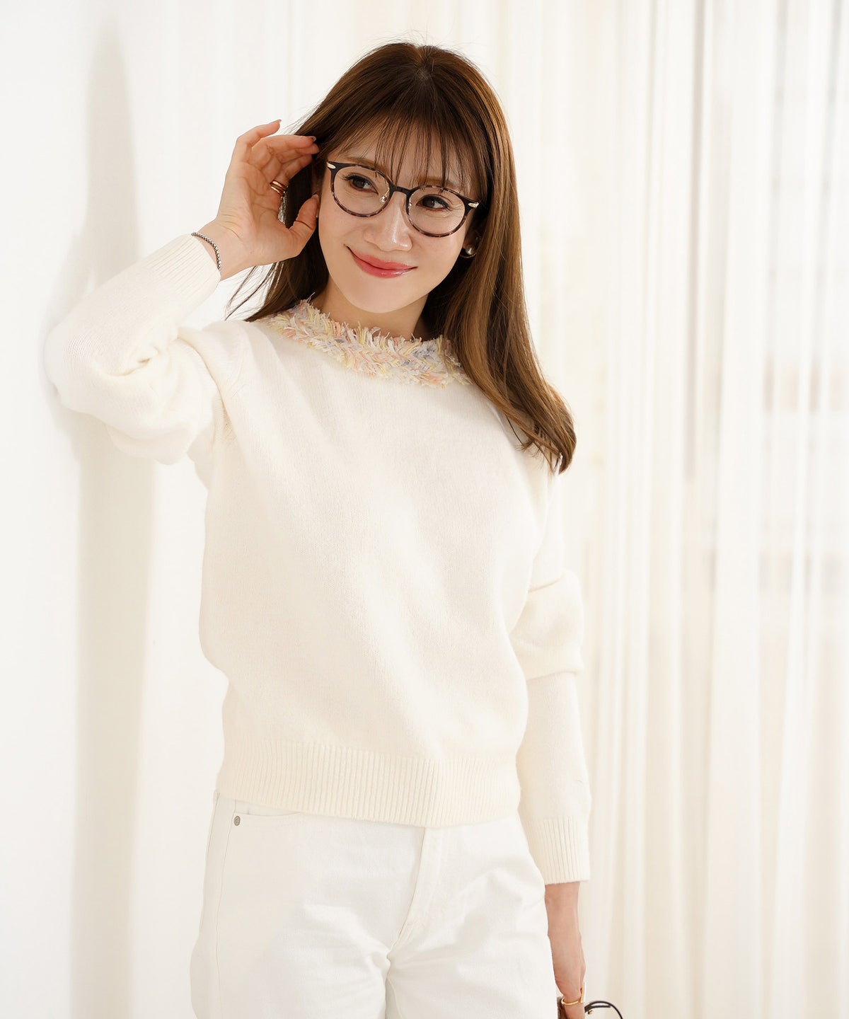 新色追加 手洗い可 長袖 秋冬 大人可愛い 上品 きれいめ 大人カジュアル フェミニン ジョイントスペース ツイードフリンジニットPO Liala×PG