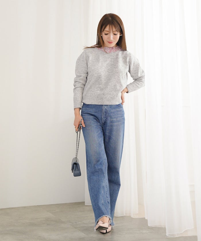 新色追加 手洗い可 長袖 秋冬 大人可愛い 上品 きれいめ 大人カジュアル フェミニン ジョイントスペース ツイードフリンジニットPO Liala×PG