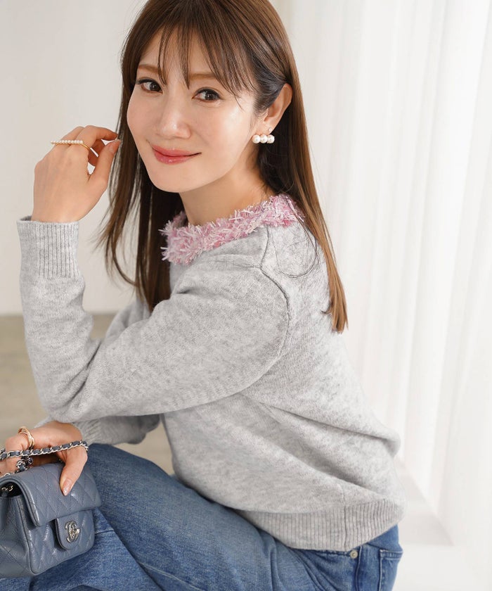 新色追加 手洗い可 長袖 秋冬 大人可愛い 上品 きれいめ 大人カジュアル フェミニン ジョイントスペース ツイードフリンジニットPO Liala×PG