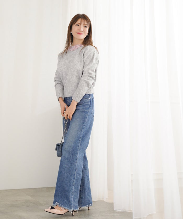 新色追加 手洗い可 長袖 秋冬 大人可愛い 上品 きれいめ 大人カジュアル フェミニン ジョイントスペース ツイードフリンジニットPO Liala×PG