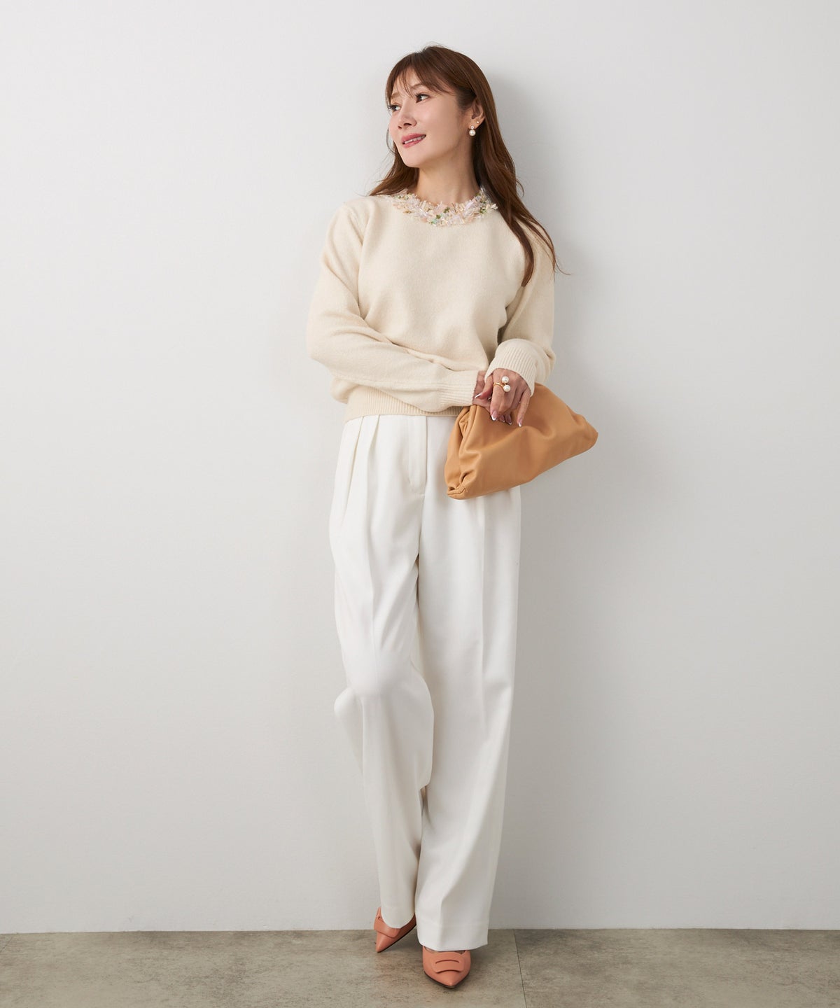新色追加 手洗い可 長袖 秋冬 大人可愛い 上品 きれいめ 大人カジュアル フェミニン ジョイントスペース ツイードフリンジニットPO Liala×PG