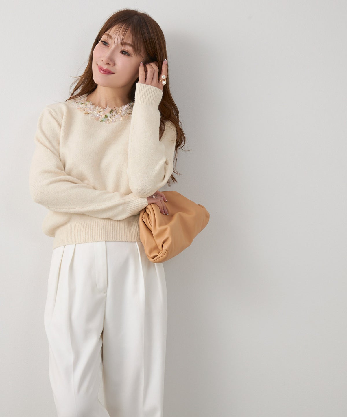 新色追加 手洗い可 長袖 秋冬 大人可愛い 上品 きれいめ 大人カジュアル フェミニン ジョイントスペース ツイードフリンジニットPO Liala×PG