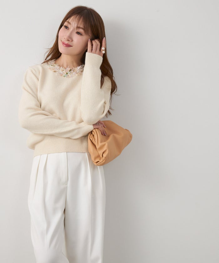 新色追加 手洗い可 長袖 秋冬 大人可愛い 上品 きれいめ 大人カジュアル フェミニン ジョイントスペース ツイードフリンジニットPO Liala×PG