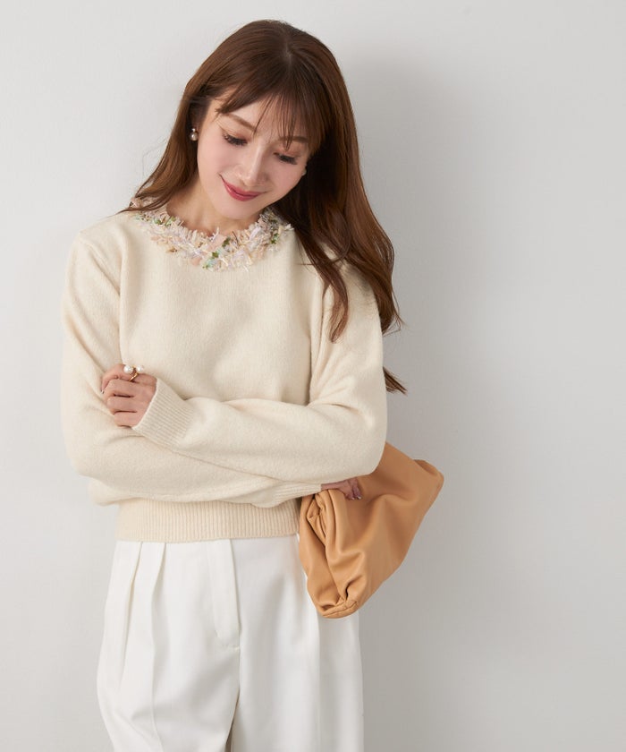 新色追加 手洗い可 長袖 秋冬 大人可愛い 上品 きれいめ 大人カジュアル フェミニン ジョイントスペース ツイードフリンジニットPO Liala×PG