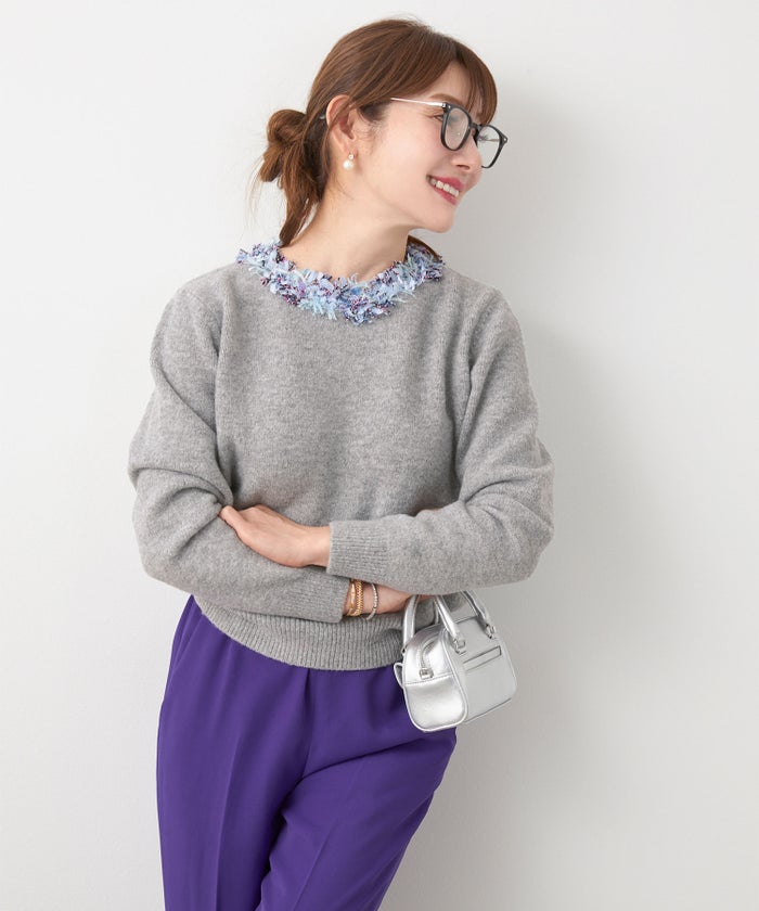 新色追加 手洗い可 長袖 秋冬 大人可愛い 上品 きれいめ 大人カジュアル フェミニン ジョイントスペース ツイードフリンジニットPO Liala×PG