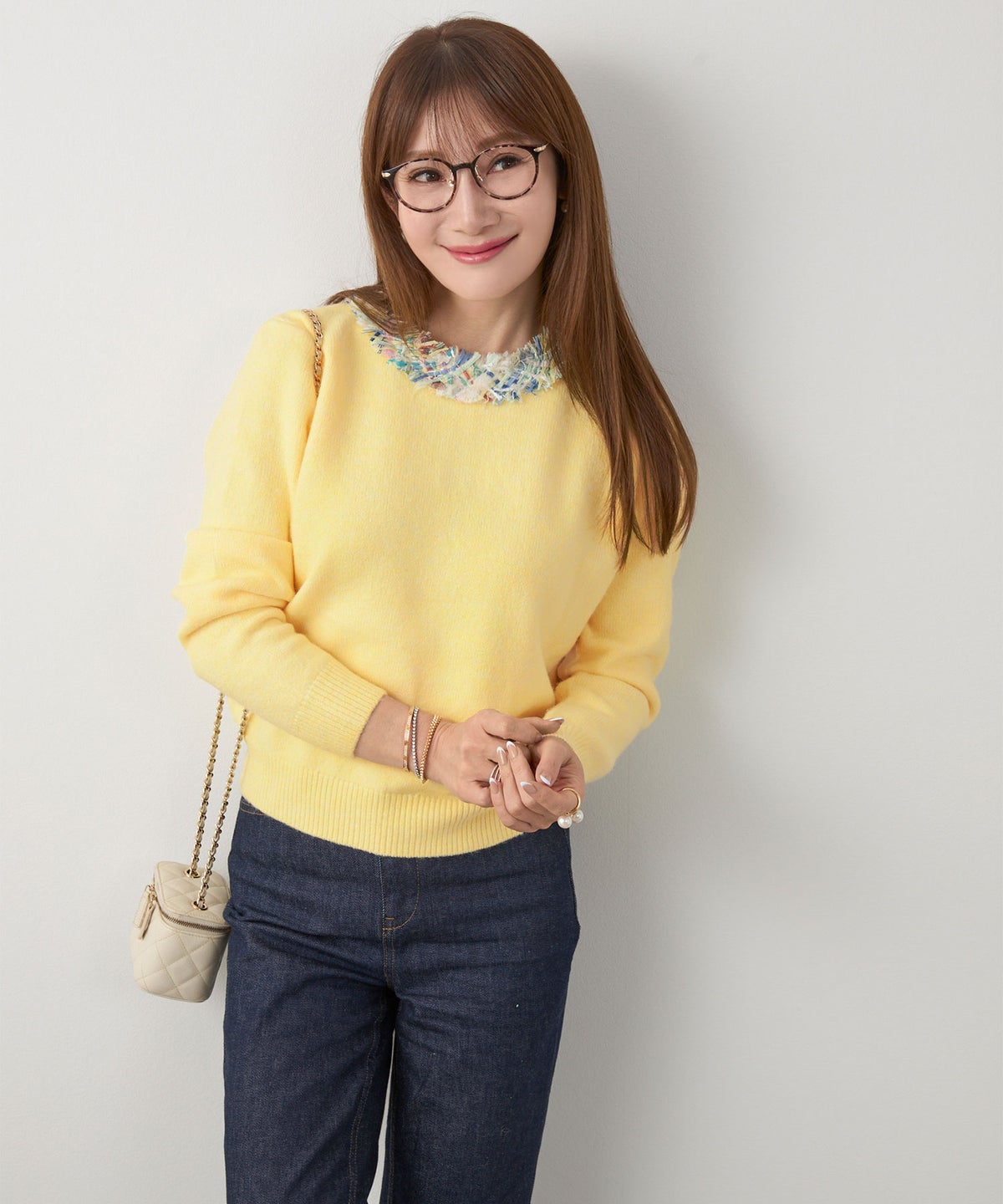 新色追加 手洗い可 長袖 秋冬 大人可愛い 上品 きれいめ 大人カジュアル フェミニン ジョイントスペース ツイードフリンジニットPO Liala×PG