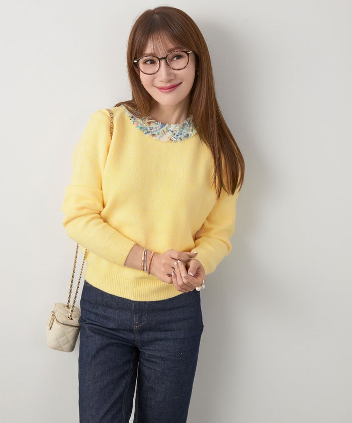 新色追加 手洗い可 長袖 秋冬 大人可愛い 上品 きれいめ 大人カジュアル フェミニン ジョイントスペース ツイードフリンジニットPO Liala×PG