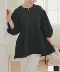 手洗い可 オフィス オケージョン シンプル かわいい きれいめ おしゃれ 白 黒 アンチピリング 日本製 体型カバー ジョイントスペース ランタンスリーブ スリットネック ブラウス Liala×PG