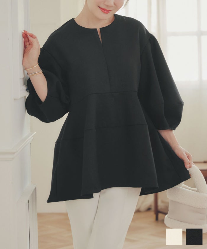 手洗い可 オフィス オケージョン シンプル かわいい きれいめ おしゃれ 白 黒 アンチピリング 日本製 体型カバー ジョイントスペース ランタンスリーブ スリットネック ブラウス Liala×PG