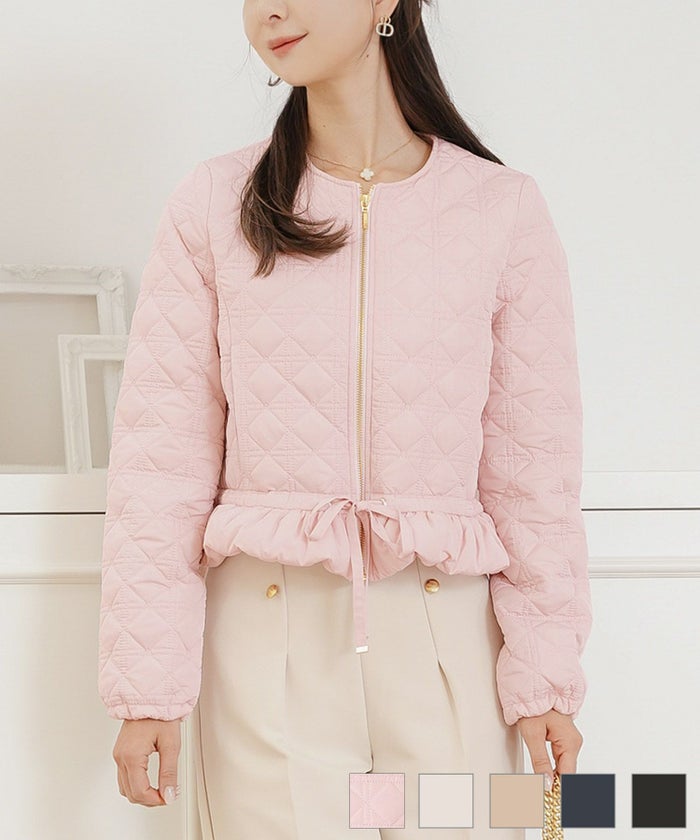 アウター キルティング  ショート丈 中綿 ２WAY 上品 ジョイントスペース 2WAY ショート丈 キルティング ノーカラー中綿 ジャケット le reve vaniller