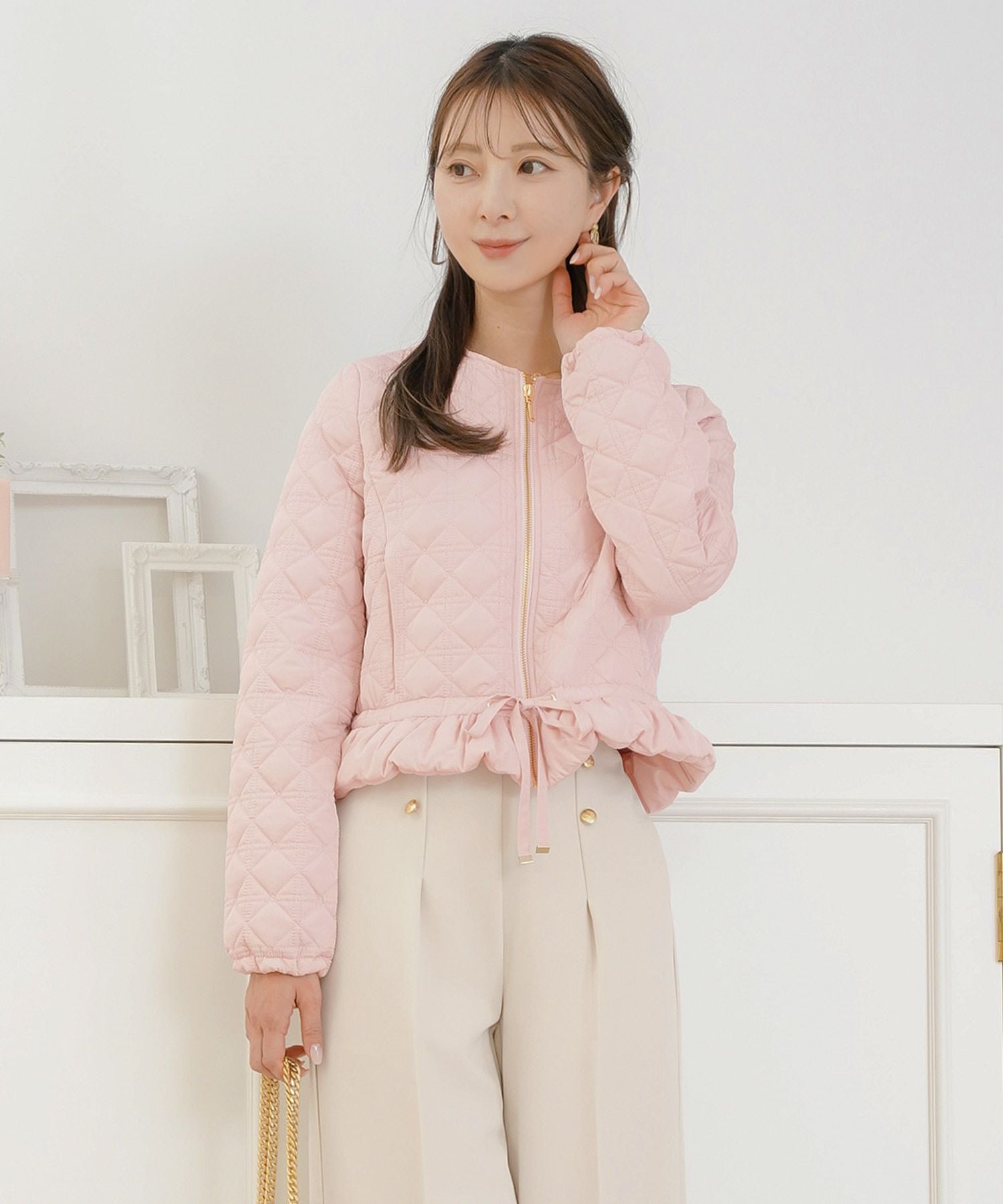 TIME-SALE 2WAY ショート丈 キルティング ノーカラー中綿 ジャケット