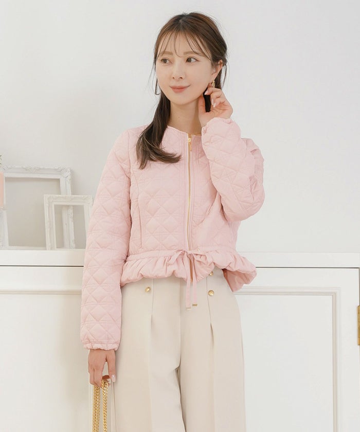 レデイース アウター キルティング ショート丈 ダイヤ柄 オシャレ 中綿 2WAY 上品 エレガント カワイイ ベージュ ピンク ネイビー ブラック ホワイト フリル リボン 低身長 ジャケット